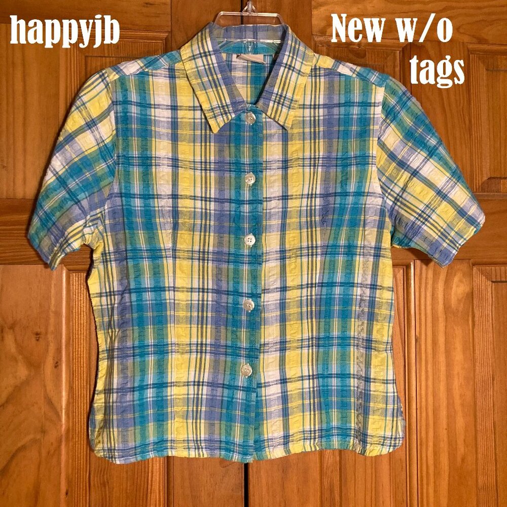NWOT Crossroads Vintage 80s 90s Top Short Sleeve Blouse Plaid Blue Yellow Size M